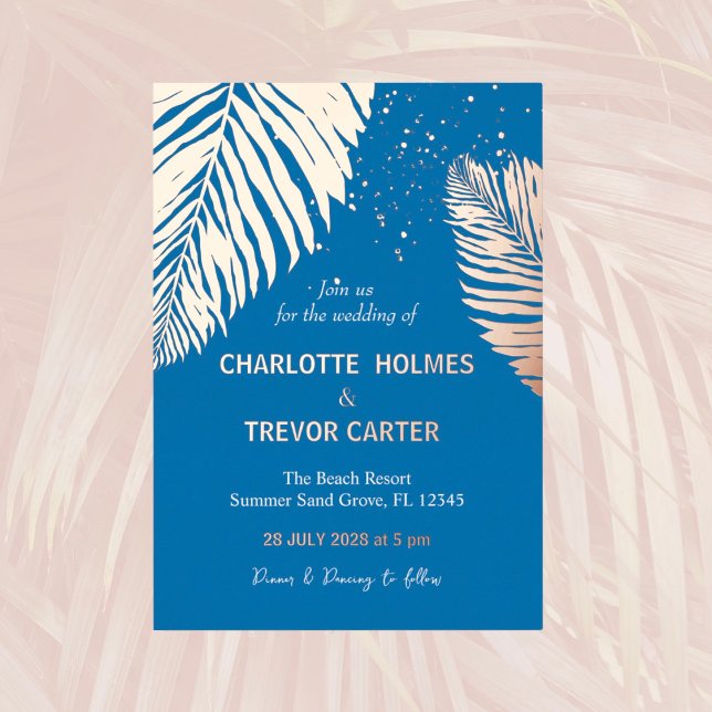 Invitation En Aluminium Ocean Blue Tropical Palms Beach Wedding Gold (Créateur téléchargé)