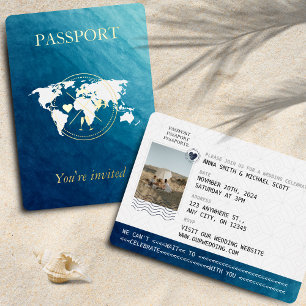 Invitation En Aluminium Ocean & Gold Passport Destination Mariage Photo