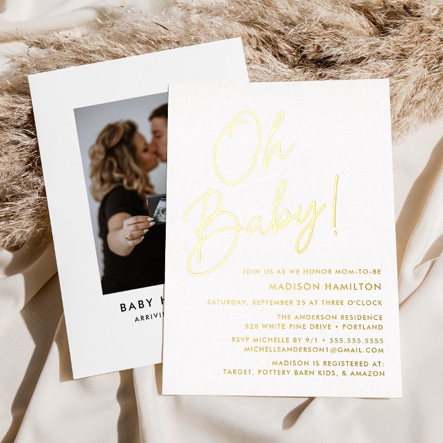 Invitation En Aluminium Oh Baby Gold Script Baby shower photo (Créateur téléchargé)