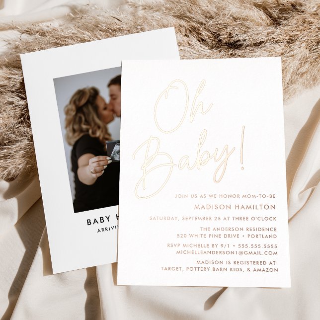 Invitation En Aluminium Oh Baby Rose Gold Script Baby shower photo (Créateur téléchargé)