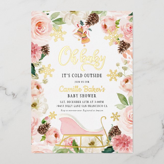 Invitation En Aluminium Oh Baby Winter Girl Baby shower rose et Gold Foil (Recto)