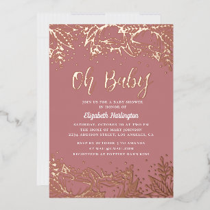 Invitation En Aluminium Oh bébé. Ligne florale en or rose poussiéreux pour