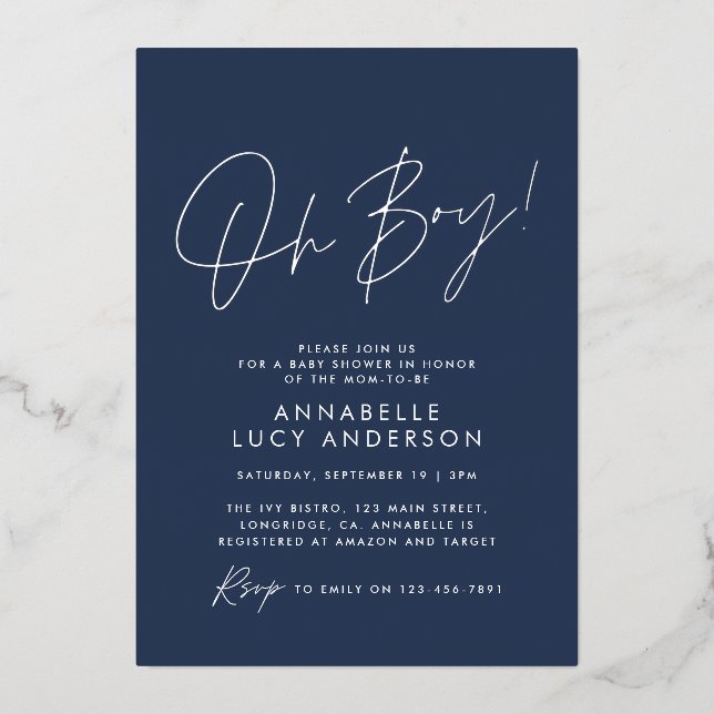 Invitation En Aluminium oh Boy baby shower script marine bébé bleu élégant (Recto)