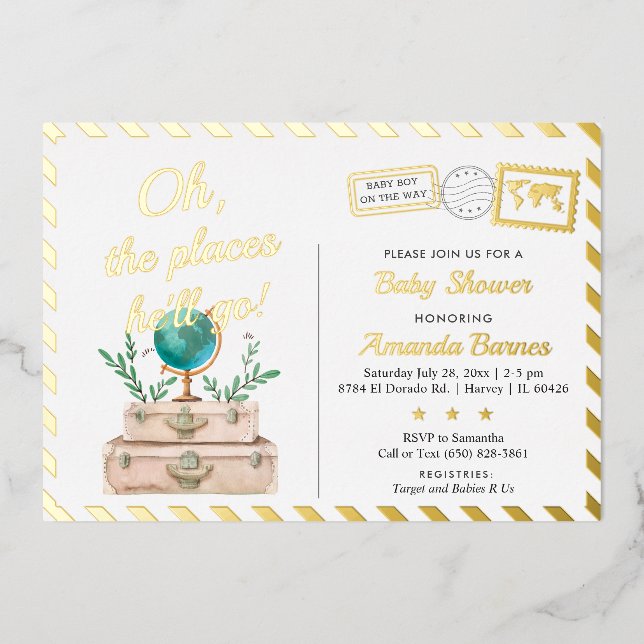 Invitation En Aluminium Oh The Places Travel Baby Boy Shower Adventure Car (Recto)