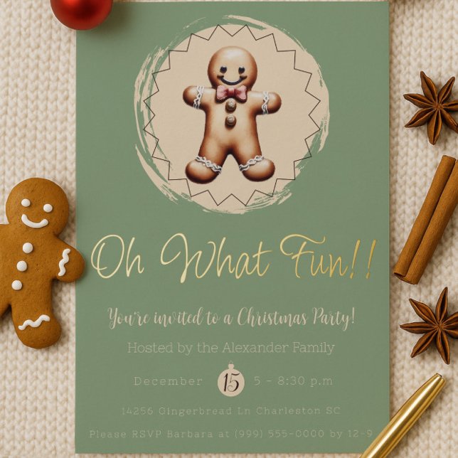 Invitation En Aluminium Oh What Fun Gingbread Homme Fête | Green (Green Oh What Fun Gingerbread Man Holiday Party Invitation)