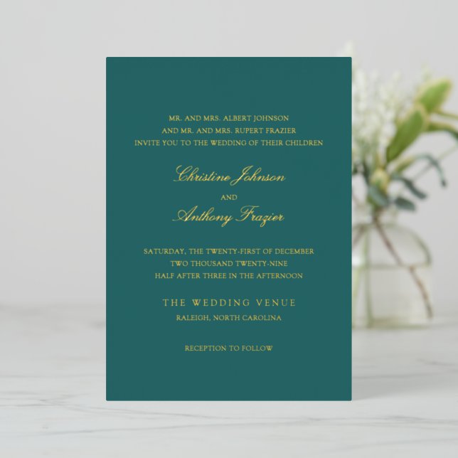 Invitation En Aluminium Old Money Teal Classic Wedding (Debout devant)