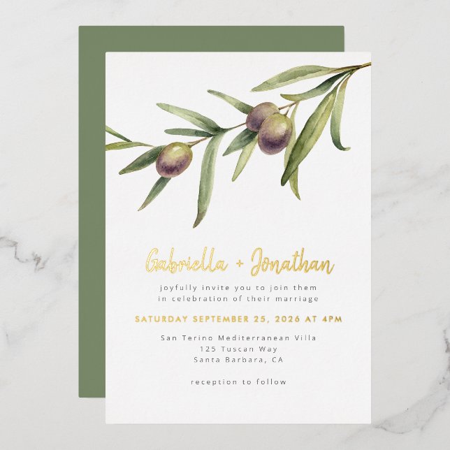 Invitation En Aluminium Olive botanique moderne Mariage or (Recto/Verso)