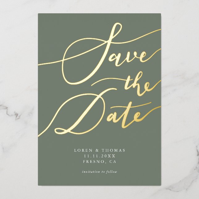 Invitation En Aluminium Olive Enregistrer la date Calligraphie (Recto)