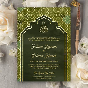 Invitation En Aluminium Olive Green Marocain Musulman Mariage Gold Foil