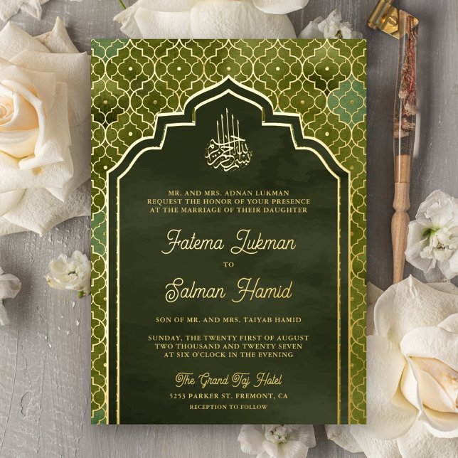 Invitation En Aluminium Olive Green Marocain Musulman Mariage Gold Foil (Créateur téléchargé)