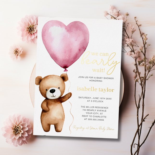 Invitation En Aluminium On peut attendre l'invitation Baby shower fille (We Can Bearly Wait Girl Baby Shower Invitation Foil Invitation | front)