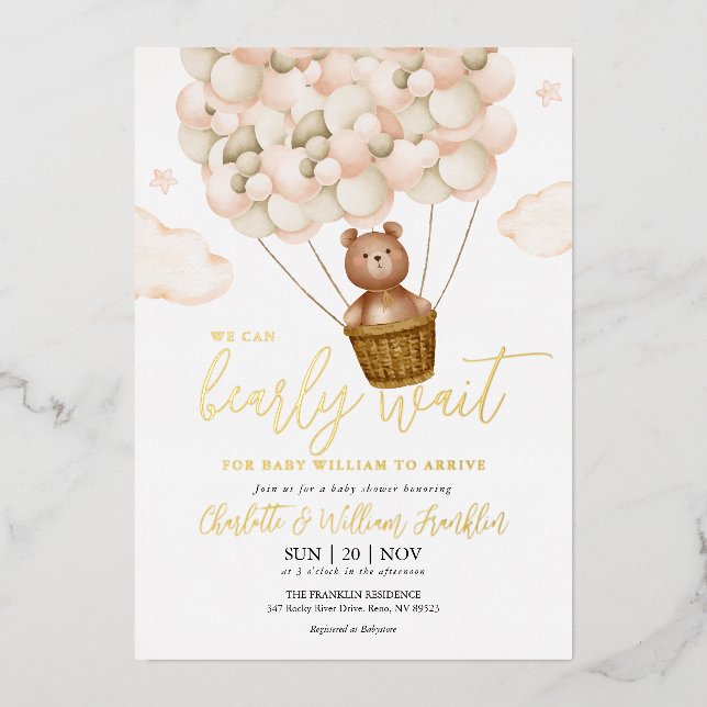 Invitation En Aluminium On Peut Attendre Teddy Bear Baby shower Or (Recto)