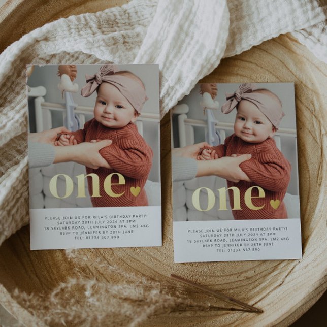 Invitation En Aluminium One Heart Photo First Birthday Gold (Créateur téléchargé)