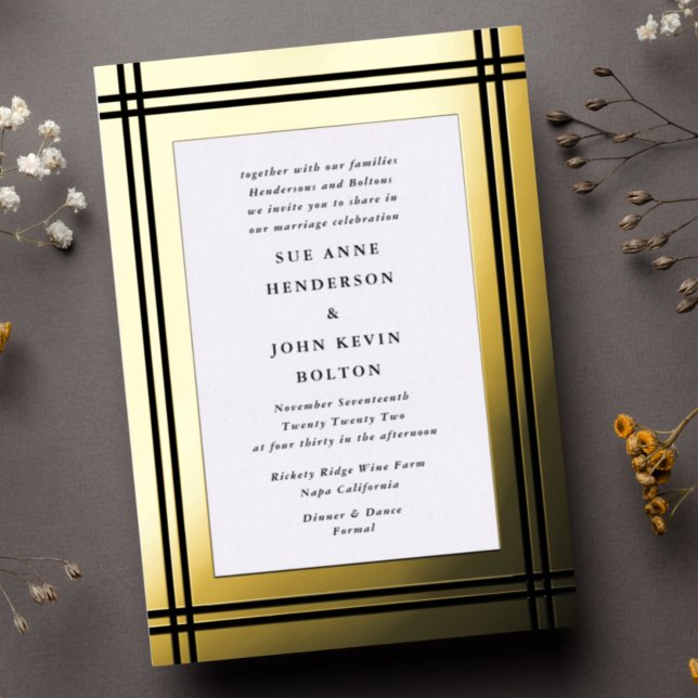Invitation En Aluminium Onyx Border | Yellow Real Gold Frame Wedding (Créateur téléchargé)