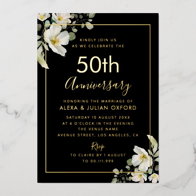Invitation En Aluminium or 50e anniversaire à fleurs blanches (Recto)