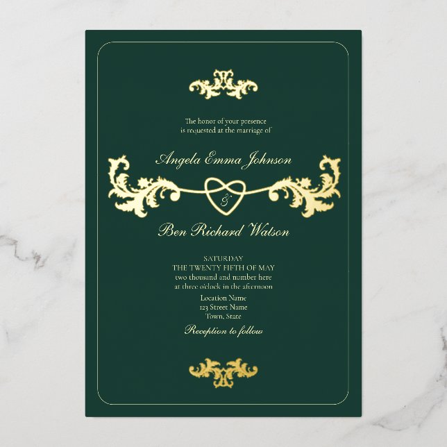 Invitation En Aluminium Or antique et vert émeraude (Recto)