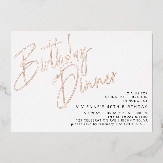 Invitation En Aluminium Or blanc et Rose | Dîner d'anniversaire simple et  (Recto)