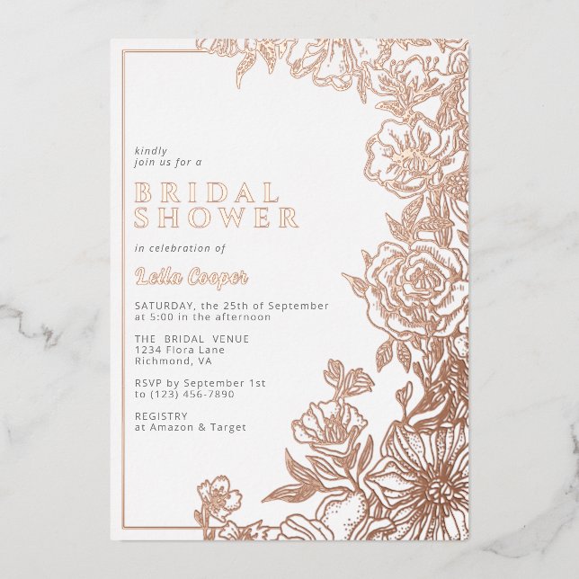 Invitation En Aluminium Or blanc et Rose | Élégante Fête des mariées flora (Recto)