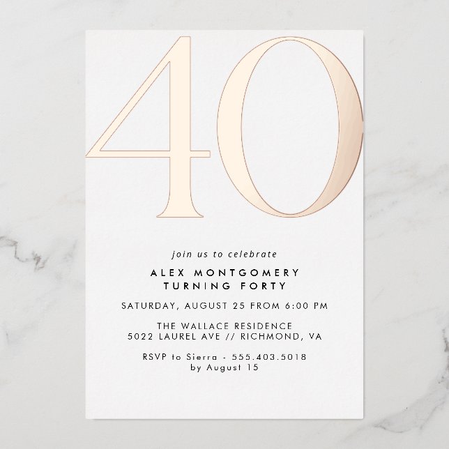 Invitation En Aluminium Or blanc et Rose | Glam moderne 40e anniversaire (Recto)