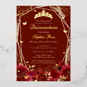 Invitation En Aluminium Or de fleurs Rouge Tiara Quinceanera