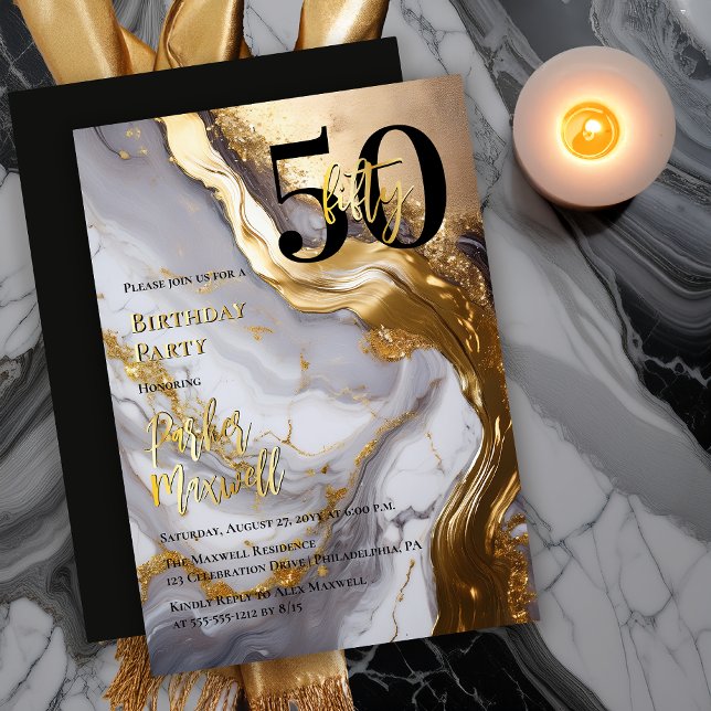 Invitation En Aluminium Or élégant | Marbre blanc Moderne 50 Anniversaire (Sleek Faux Gold and White Marble Modern "50" 50th Birthday Party Invitation - Gold Foil Text Accent )