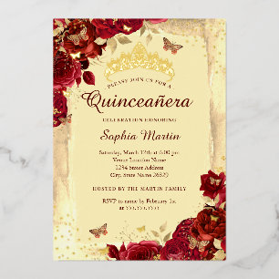 Invitation En Aluminium Or Élégant Papillon Floral Rouge Quinceanera