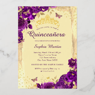 Invitation En Aluminium Or Élégant Papillon Floral Violet Quinceanera