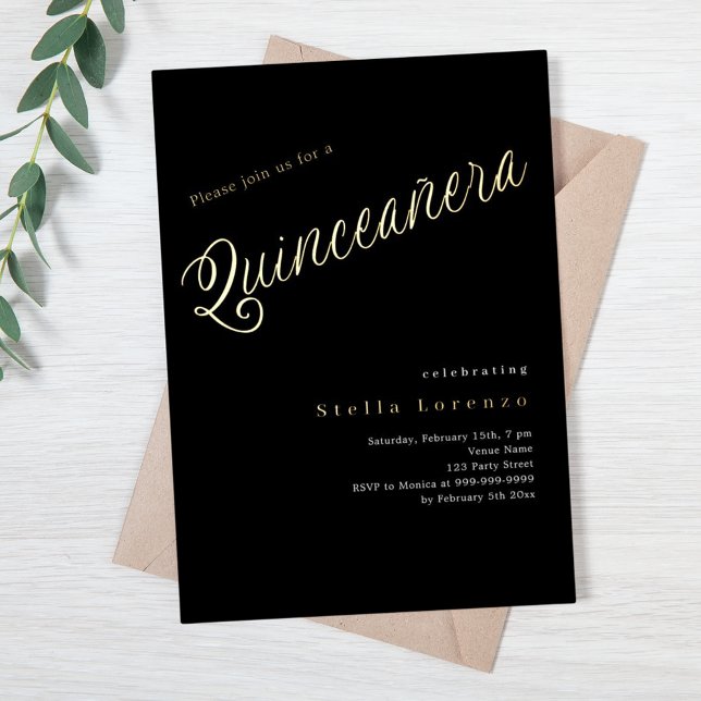 Invitation En Aluminium Or élégant script Quinceanera (Créateur téléchargé)