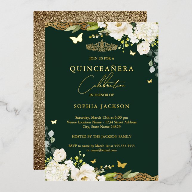 Invitation En Aluminium Or Emerald Floral dentelle Quinceanera Anniversair (Recto/Verso)