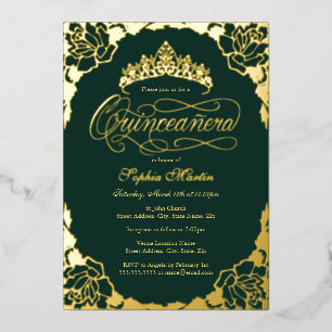 Invitation En Aluminium Or Emeraude Elégant Script Quinceanera Anniversair