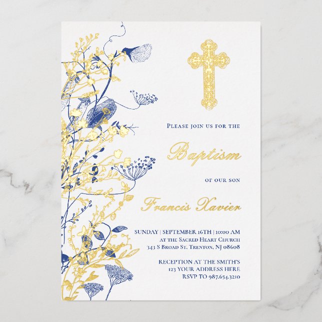 Invitation En Aluminium or et fleurs bleues Baptême (Recto)