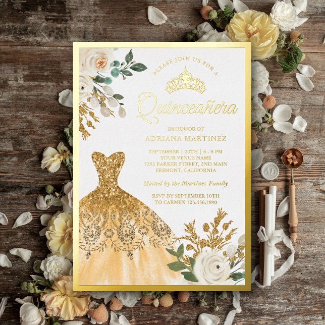 Invitation En Aluminium Or étincelant Gown ivoire Floral Quinceanera Or (Créateur téléchargé)