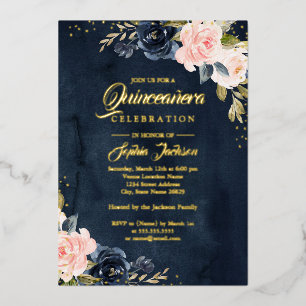 Invitation En Aluminium OR FOIL NAVY Rose Fleurie Quinceanera