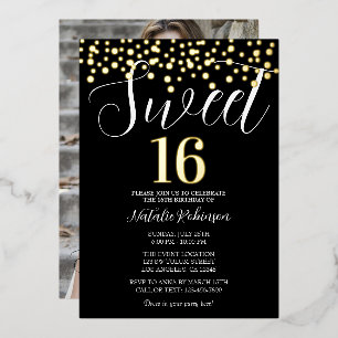 Invitation En Aluminium Or noir et blanc Sweet 16 Confettis avec photo