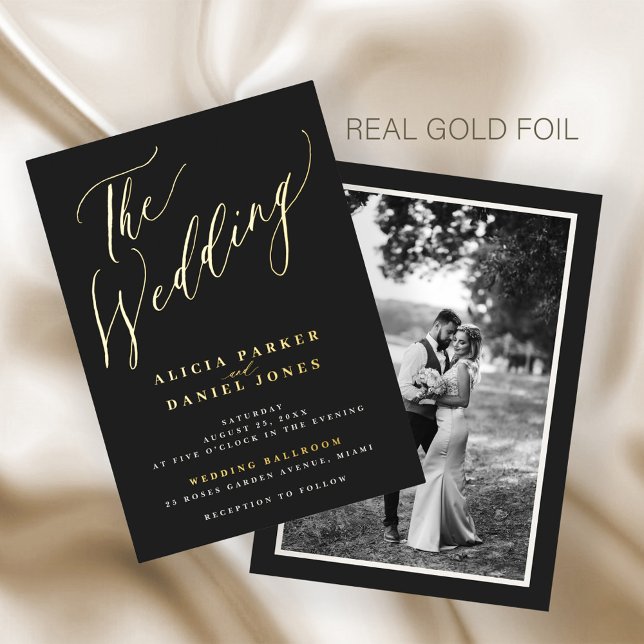 Invitation En Aluminium Or noir luxe élégant script photo mariage (Créateur téléchargé)