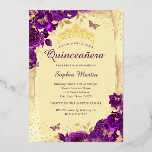 Invitation En Aluminium Or Purple Élégant papillon floral Quinceanera
