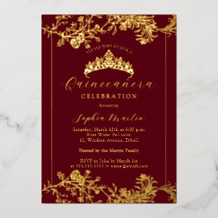Invitation En Aluminium Or Quinceañera Vintage Bourgogne Floral Doré 