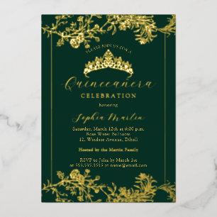 Invitation En Aluminium Or Quinceanera Vintage Émeraude Doré Floral