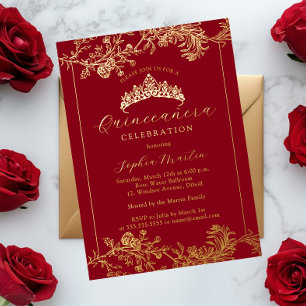 Invitation En Aluminium Or Quinceanera Vintage Fleur Or Rouge