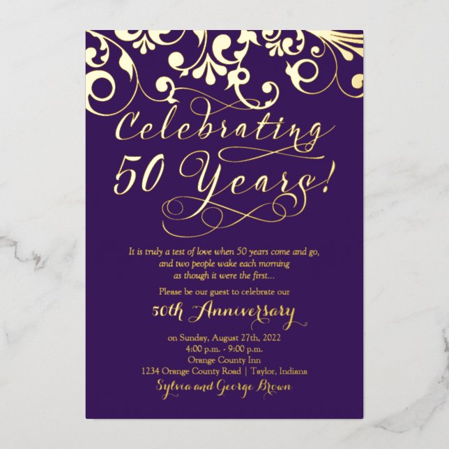 Invitation En Aluminium Or Réel Violet 50e Anniversaire de Mariage (Recto)