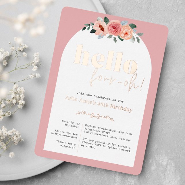 Invitation En Aluminium or rose 40e anniversaire glam floral (Real foil brings a touch of elegant glam to your 40th birthday event)
