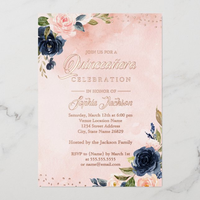 Invitation En Aluminium OR rose FOIL Blush Navy Floral Tiara Quinceanera (Recto)