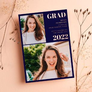 Invitation En Aluminium or rose marine bleu 3 photos graduation