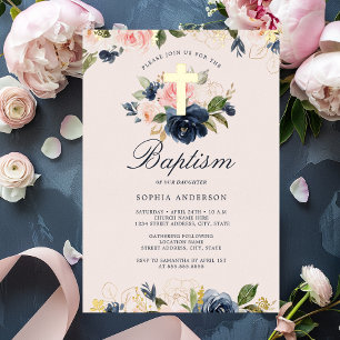 Invitation En Aluminium Or Rose Navy Floral Baptême