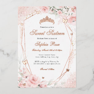 Invitation En Aluminium Or rose Pink Blush Butterfly Floral Sweet 16