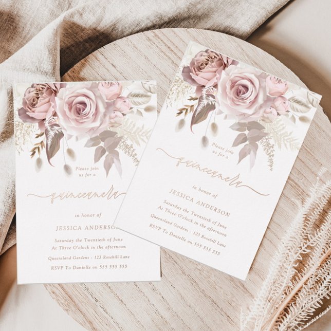Invitation En Aluminium Or rose, Rose Dusty et Quinceanera florale (Créateur téléchargé)