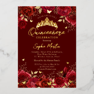 Invitation En Aluminium Or Rouge Envoûtant Papillon Floral Quinceanera
