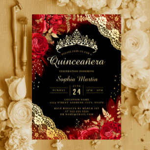 Invitation En Aluminium Or Rouge noir dentelle florale Quinceanera