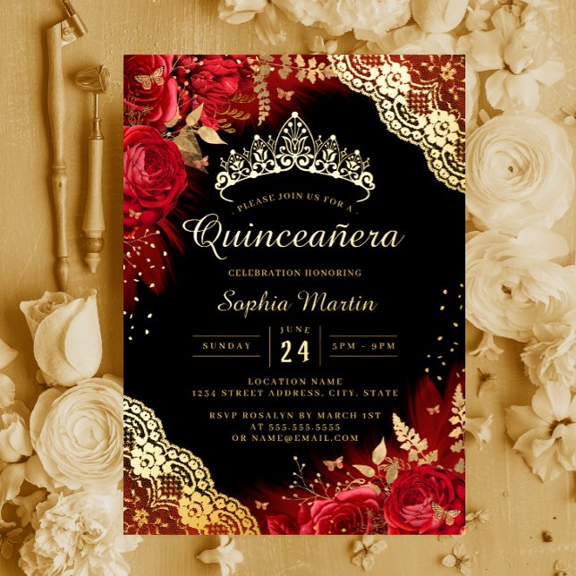 Invitation En Aluminium Or Rouge noir dentelle florale Quinceanera (Créateur téléchargé)