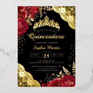 Invitation En Aluminium Or Rouge noir dentelle florale Quinceanera